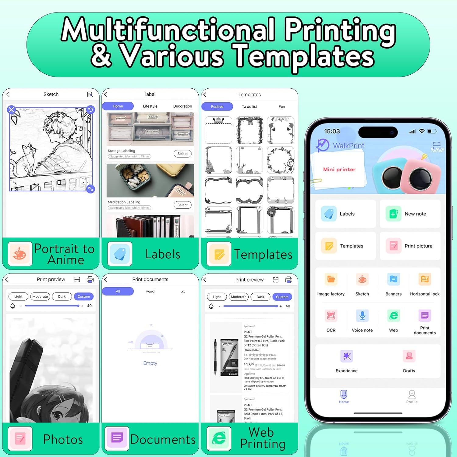 Portable Mini Thermal Printer, 1 Set Wireless USB Rechargeable Label Printer with Printing Paper & Watercolor Pen, Reusable Label Printer for Kitchen, Diary, Study Note