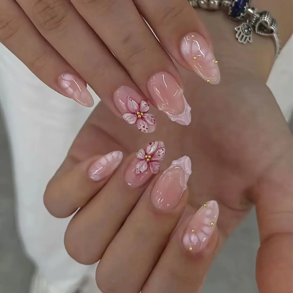 24pcs Medium-Length Almond Nails, Nude Transparent Cherry Blossom Design, Reusable, No File Needed, Includes Jelly Glue & Tools, Fake Nails Kit