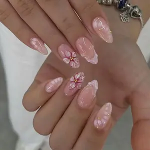 24pcs Medium-Length Almond Nails, Nude Transparent Cherry Blossom Design, Reusable, No File Needed, Includes Jelly Glue & Tools