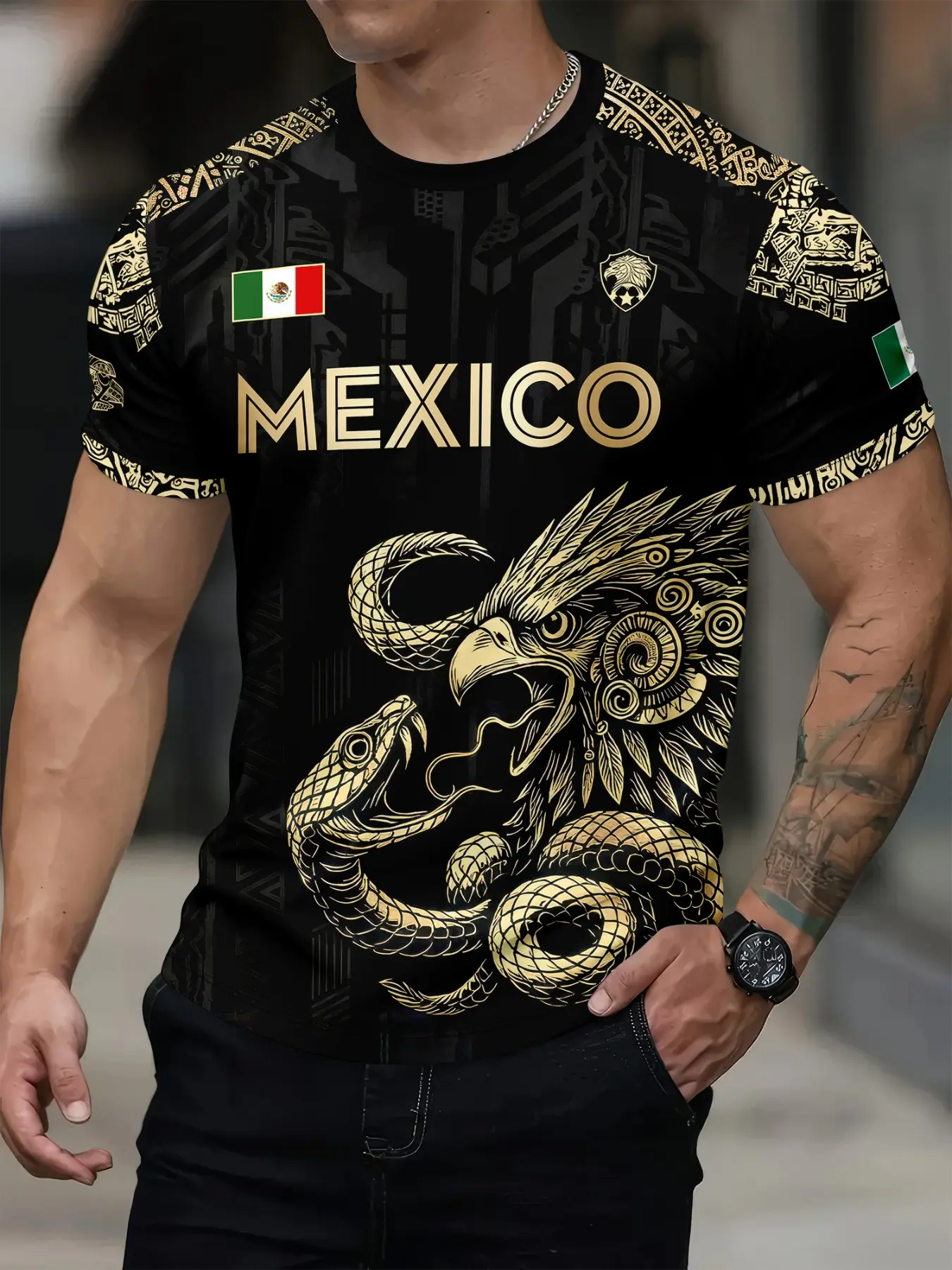 Mexico Vintage Eagle Snake Tribal Graphic T-Shirt, Men's Classic Short Sleeve Crewneck Tee, Gold Aztec Ethnic Print, Breathable Lightweight Casual Streetwear Daily Top.