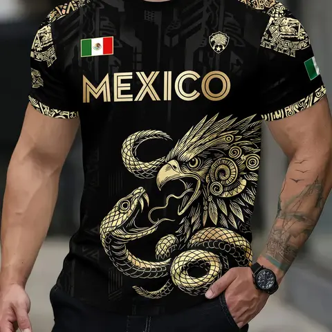 Mexico Vintage Eagle Snake Tribal Graphic T-Shirt, Men's Classic Short Sleeve Crewneck Tee, Menswear, Gold Aztec Ethnic Cultural Print, Breathable Lightweight Casual Streetwear Daily Top.