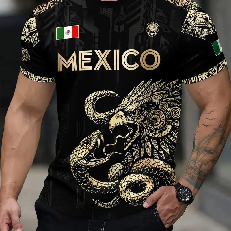 Mexico Vintage Eagle Snake Tribal Graphic T-Shirt, Men's Classic Short Sleeve Crewneck Tee, Menswear, Gold Aztec Ethnic Cultural Print, Breathable Lightweight Casual Streetwear Daily Top.