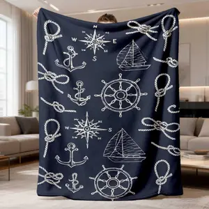 2026 New Arrival Flannel Blanket |   Nautical Anchor & Ship Wheel Print, Dark Blue With White Maritime Design, Soft Lightweight All-Season Throw For Bed, Sofa, Or Nautical Home Decor, Machine Washable 250300 GSM