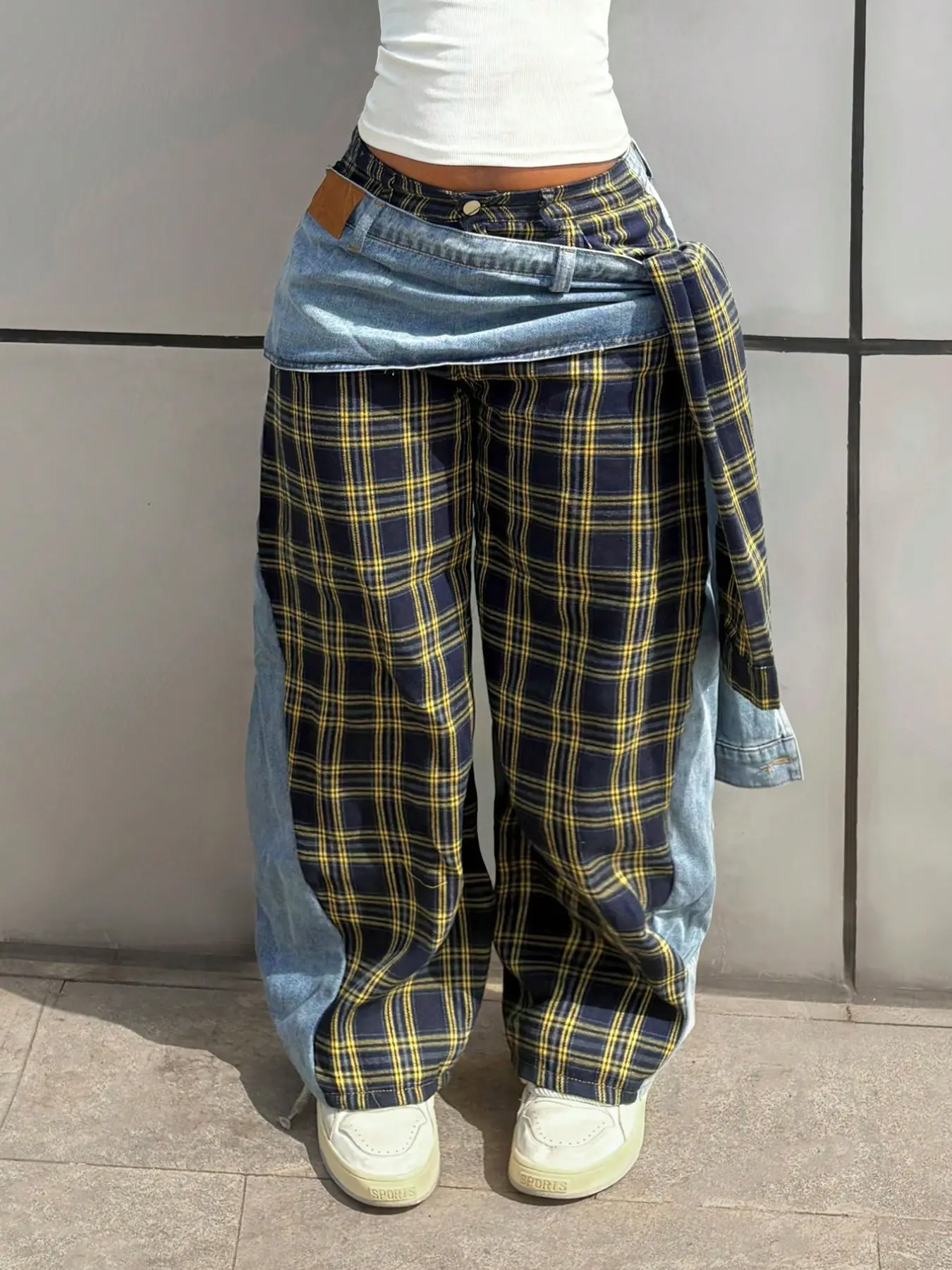 Women's Y2K Layered Fake Wrap Waist Plaid Denim Patchwork Wide Leg Pants, Dual Color Check Loose Skate Street Style Long Pants, Casual Summer Bottoms Loose Fit Leisure