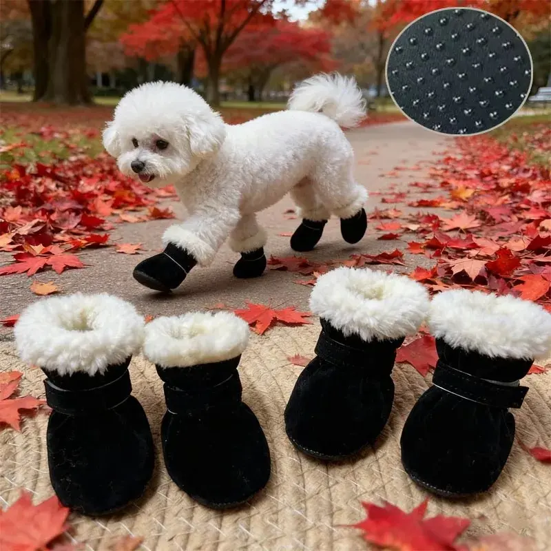 Pet Dog & Cat Winter Snow Boots, Waterproof Suede Paw Protectors, Anti-Skid Booties for Small Breeds Like Chihuahua, Teddy, Cotton