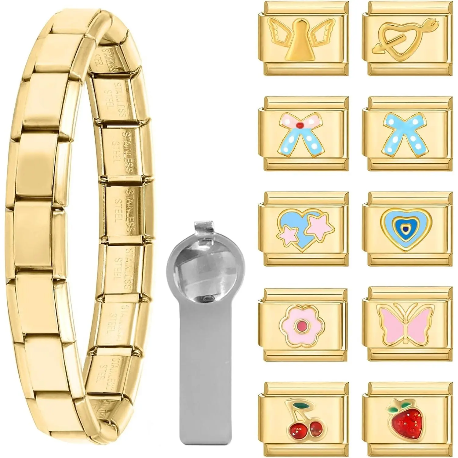 12 count Italian Charms Set, 10mm*9mm Silvery Italian  Bracelet Link Colorful Patterns Flower Heart  Stainless Steel DIY  Gifts