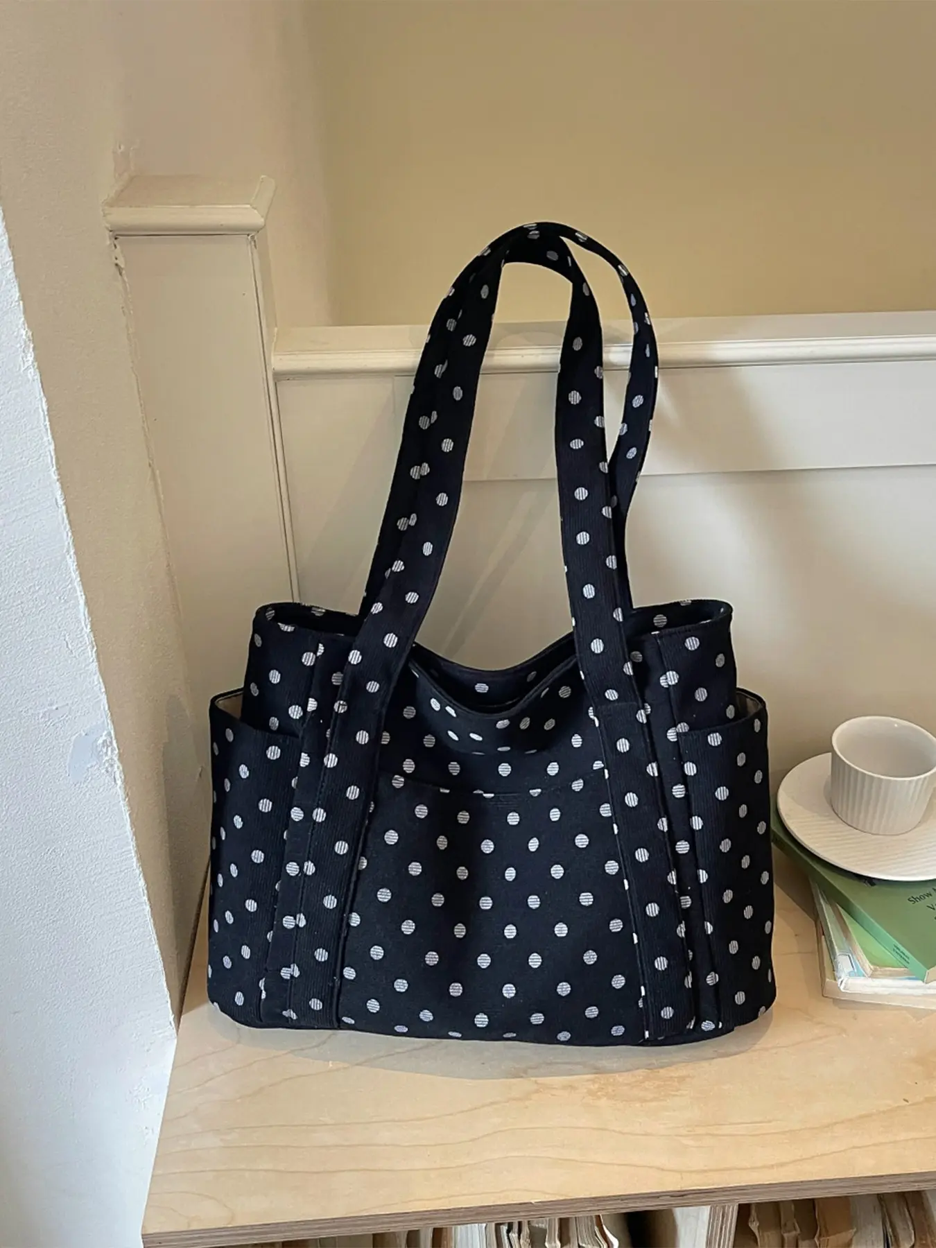 1pcPolka Dot Tote Bag with Side Pockets, Large Capacity, Soft Fabric, Single Shoulder & Handheld, Perfect for Students, Office Commuting, and Daily Shopping
