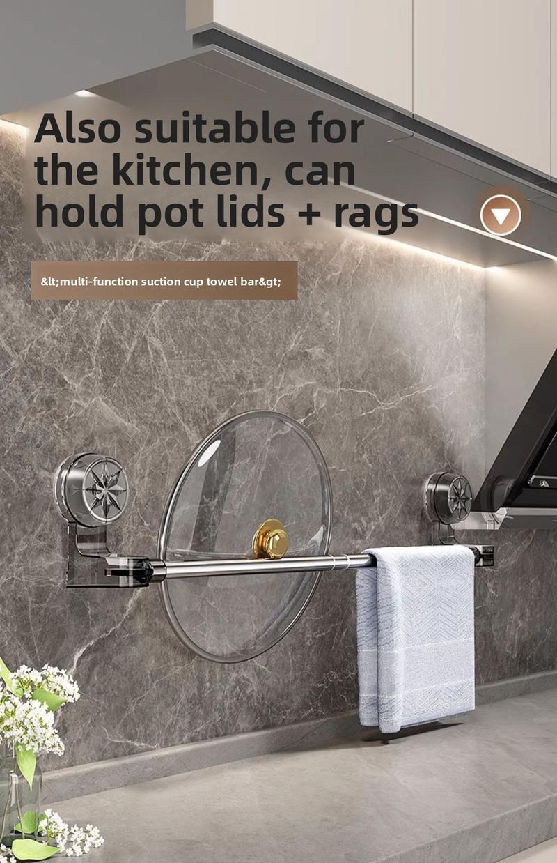 Stainless Steel No-Drill Suction Cup Towel Rack - Adjustable Bathroom Kitchen Storage Organizer