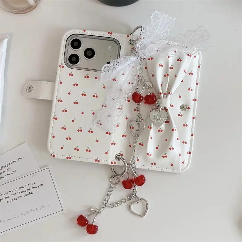 Creative Cherry Wallet with Lace Bow Phone Case, Suitable For iPhone 17 16 15 14 13 Pro Max, Shockproof Protective Case
