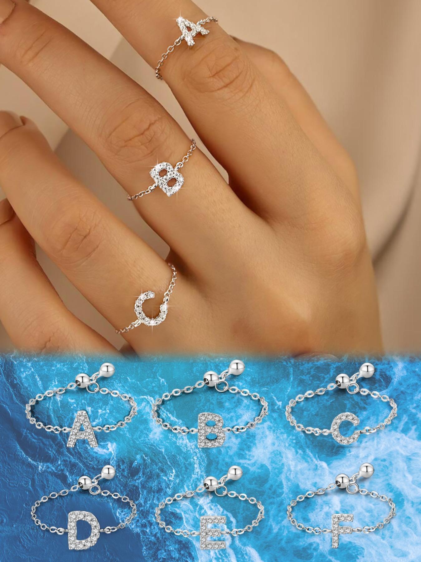 S925 Sterling Silver Initials Designed Artificial Zircon Decor Adjustable Chain Ring, Alphabet Design Ring, Personalized Daily Wear Ring, Fine Jewelry for Dating, Party, Wedding, Engagement, Anniversary Gift, Adjustable Rings