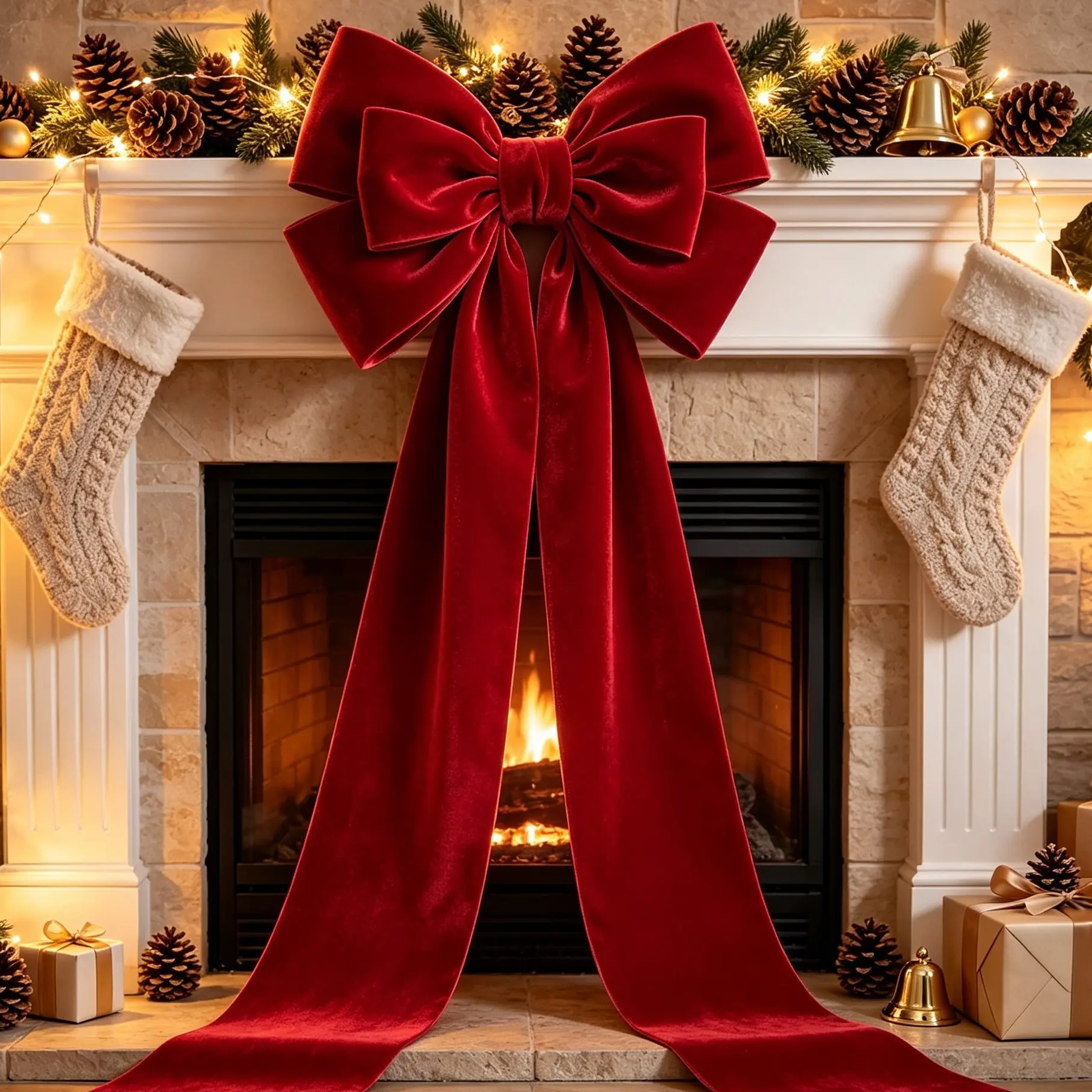82.28 Inch Christmas Garland Ribbon, Festive Velvet Party Atmosphere Long Tail Bow, Window Display Decor, Suitable for Yard Living Room Bedroom Hallway