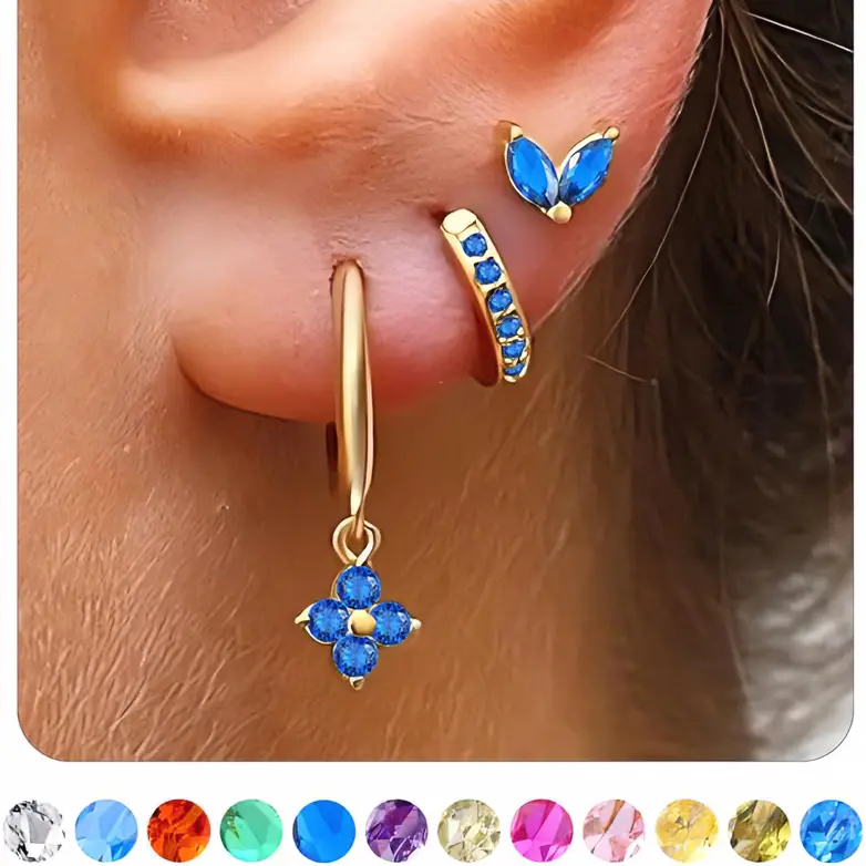 Women's 3 Pairs Dainty Gold/Silver Birthstone Earrings Set - 14k Gold-Plated Brass, Non-Tarnish Hypoallergenic Cartilage Small Hoop & Stud Earrings for Multiple Piercing, Casual Stackable Gifts for Mother's Day, Anniversary, Birthday