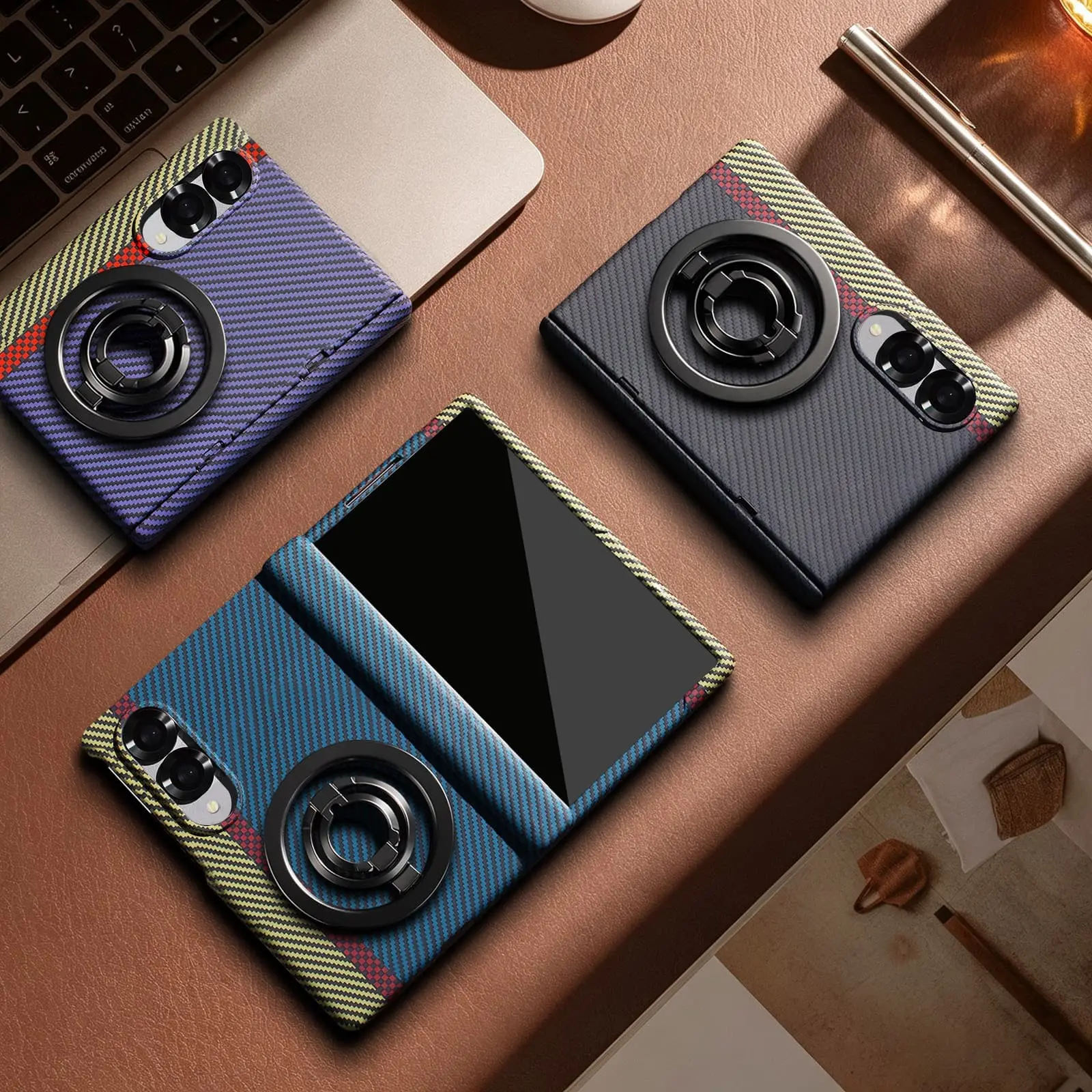 Colorblock Carbon Fiber Texture Foldable Phone Case, 360 Degree Rotating Magnetic Ring Stand, Lightweight Shockproof for Samsung Galaxy Z Fold 8