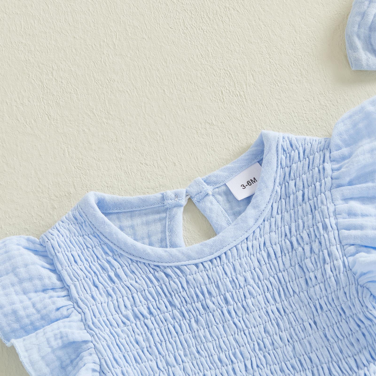 Newborn Baby Girl Romper Ruffle Sleeve Solid Smocked Bubble Romper Jumpsuit Bow Headband Cute Infant Summer Clothes