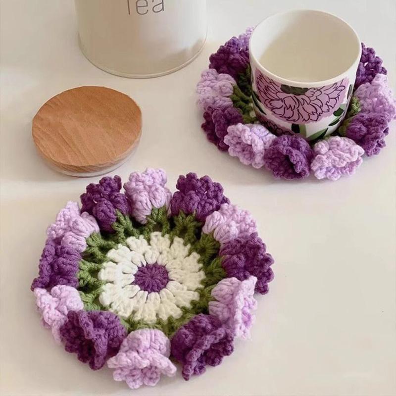 Rose Crochet Coasters with Plant Pot Handmade Knitted Flower Bouquet Coaster Coffee Table Cupmat Placemat Home Office Decor