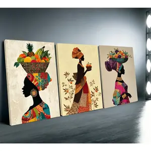 Frint print Set of 3 Art Featuring African Women, Showcasing Bright Colors in Canvas Paintings with Fruit Designs. These Wall Decorations Include Cultural Headdresses And Are Perfect for Modern Decor. Ideal As Vintage Posters for