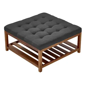 VEVOR Large Square Ottoman Coffee Table, 34.5 Inch Tufted Coffee Table with Solid Wood Shelf Storage, Linen Solid Upholstered Footrest Ottoman for Bedroom Living Room, 400 LBS, Dark Gray