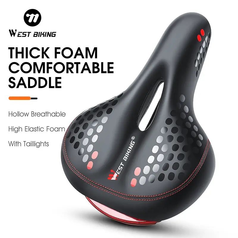 WEST BIKING Bike Saddle With Tail Light Thicken Widen MTB Saddles Soft Comfortable Cycling Hot Selling Heated Bicycle Saddle Bike Seat Bicycle Parts