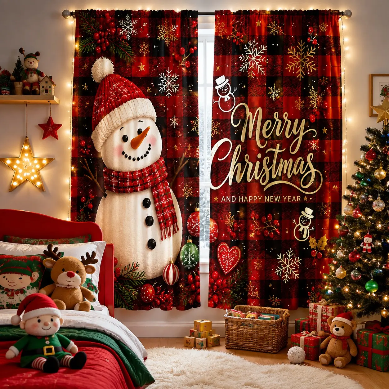 2pcs Christmas snowman red checkered printed semi blackout curtains with festive atmosphere, home decoration fabric curtains made of polyester material suitable for living rooms, kitchens, offices, bedrooms, home decoration, holiday decoration