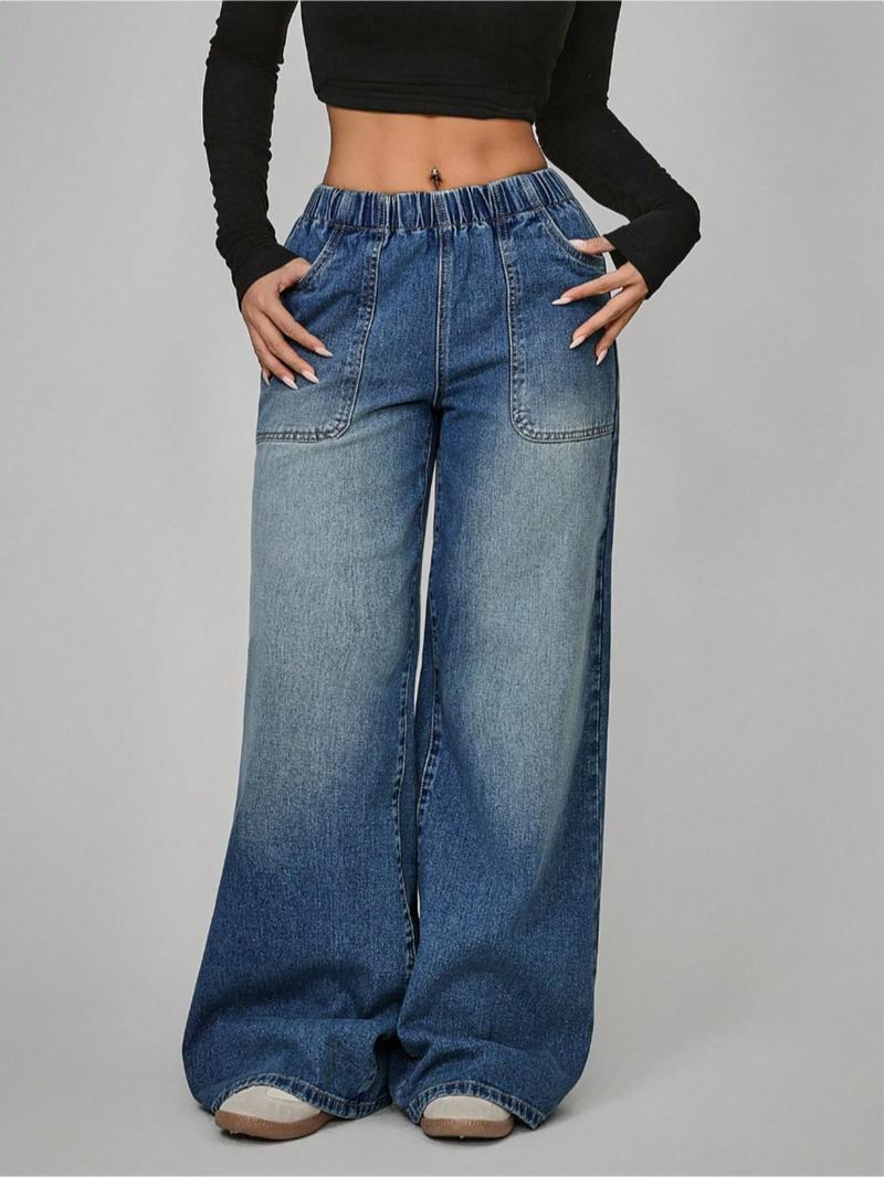 Women's High Waisted Casual Pants, Loose Wide Leg Jeans with Pockets, Elastic Waist, Button Front, All Seasons, Daily Wear Women's High Waisted Casual Pants, Loose Wide Leg Jeans with Pockets, Elastic Waist, Button Front, All Seasons, Daily Wear