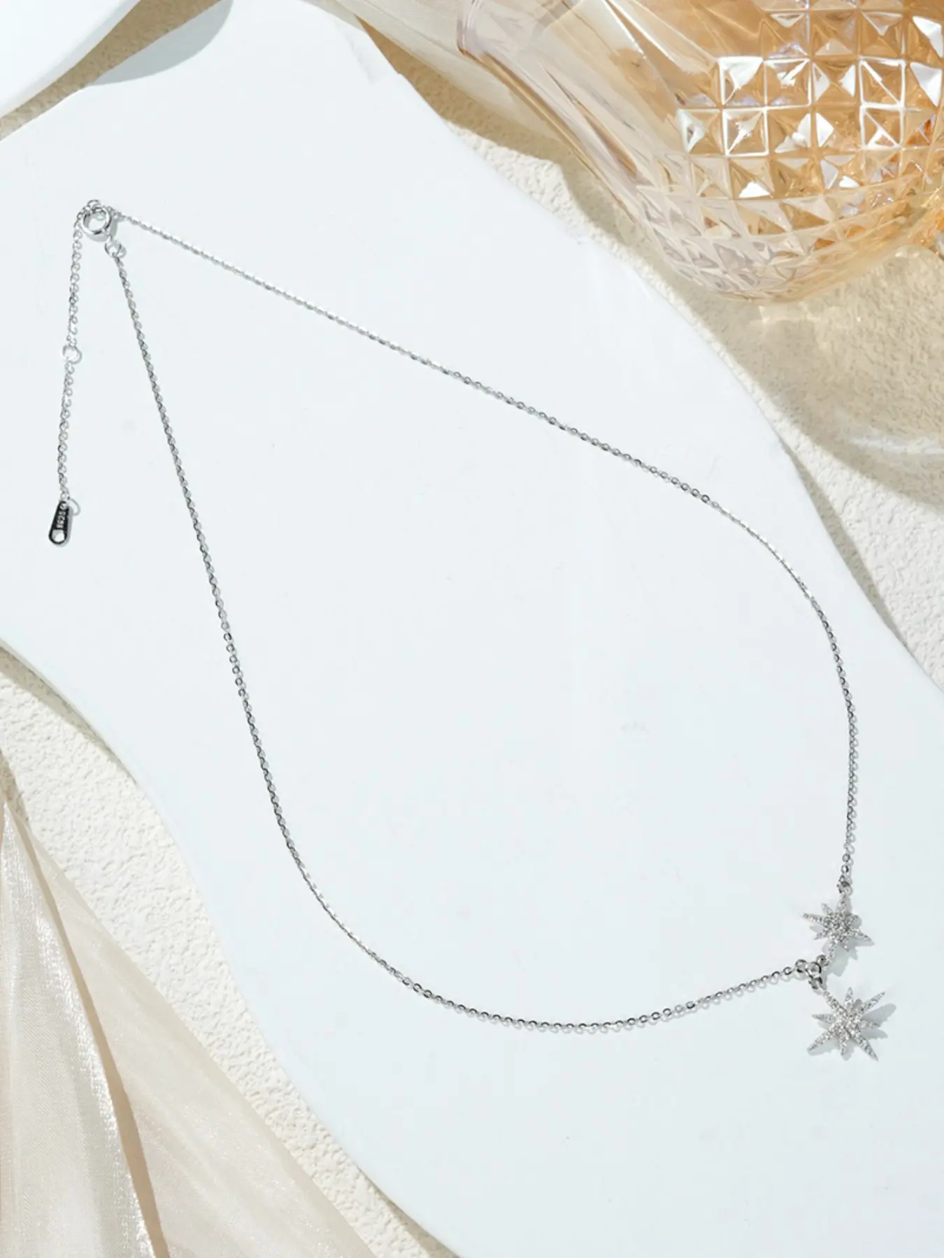 S925 Silver Moissanite Necklace, Full Diamond Twin Eight-Point Star Chain, Adjustable Extender, Elegant Daily Wear Jewelry for Women