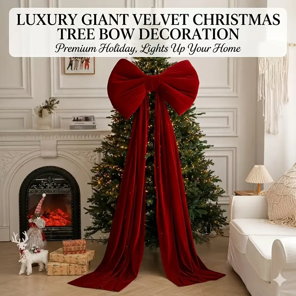 High-End Velvet Giant Christmas Bow, Thick 3D Fluffy Design, Long Tail Ribbon, Decor for Tree Top, Fireplace, Door, Window, Party Background, Holiday Decor