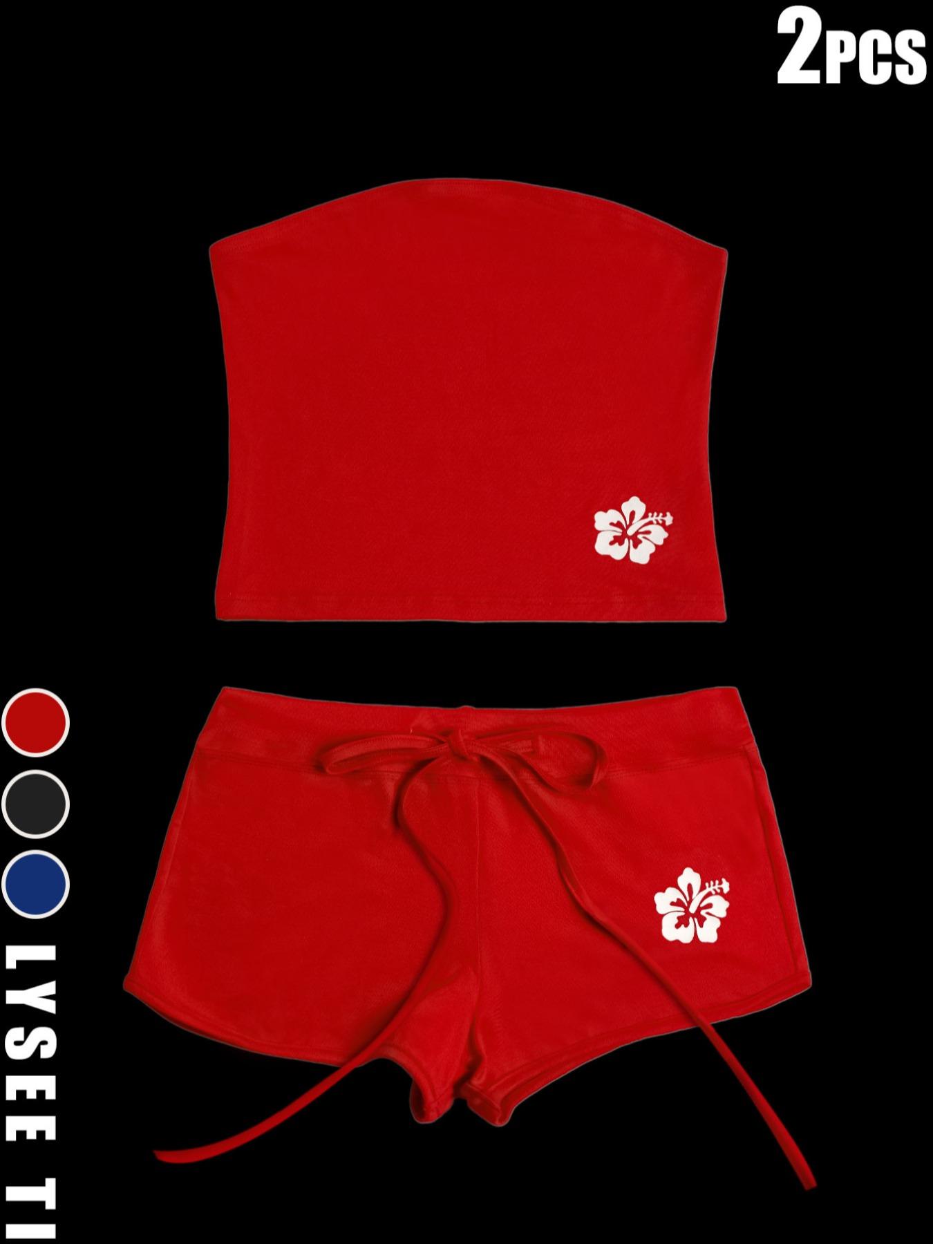 2PCS  Women's Fashion Slim Fit Solid Color Floral Print Knit Two-Piece Set, Casual Style Crop Top, Perfect for Everyday Wear