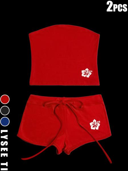 26 Valentine's Day 2PCS Women's Fashion Slimming Solid Color Flower Print Two Piece Set