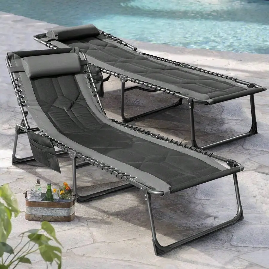 Patio Lounge Chairs  Cushioned Folding Adjustable Chaise Chair With Side Bag