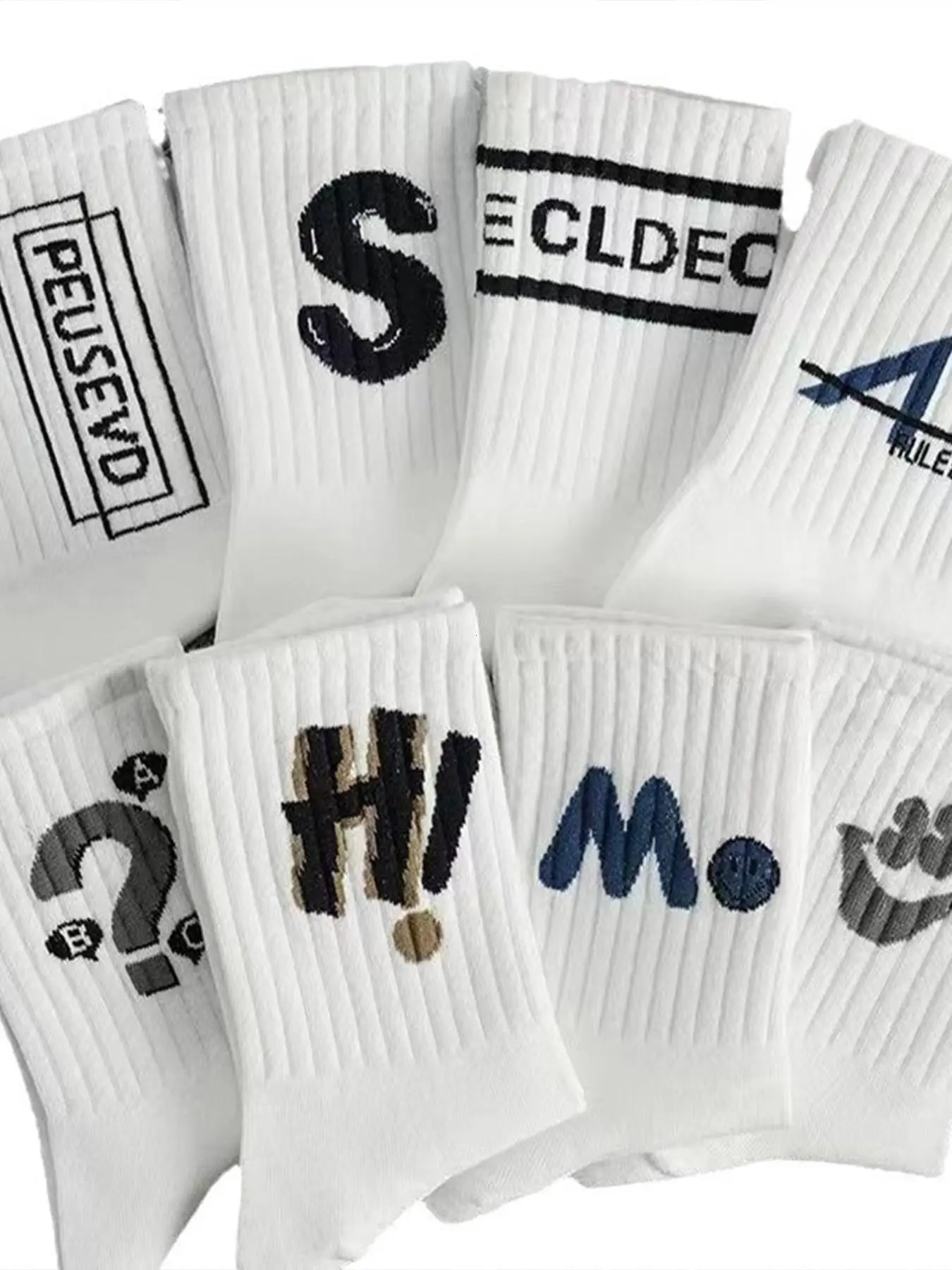Men's 8 Pairs Crew Socks, Breathable Moisture-Wicking, Letter Pattern, Soft Comfort, Daily Wear, Basketball Long Socks, Couples' Socks