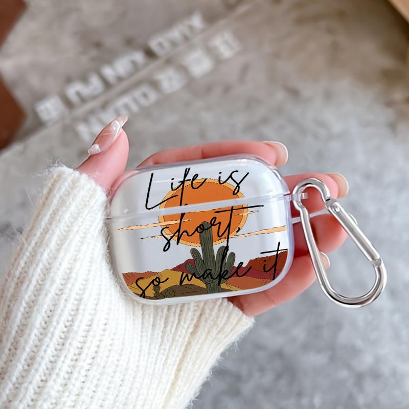 Cactus and Sundown Pattern TPU Soft Protective Case for Apple AirPods 4/3/2/1/Pro/Pro2 Transparent Earphone Cover with Keychain Attachment