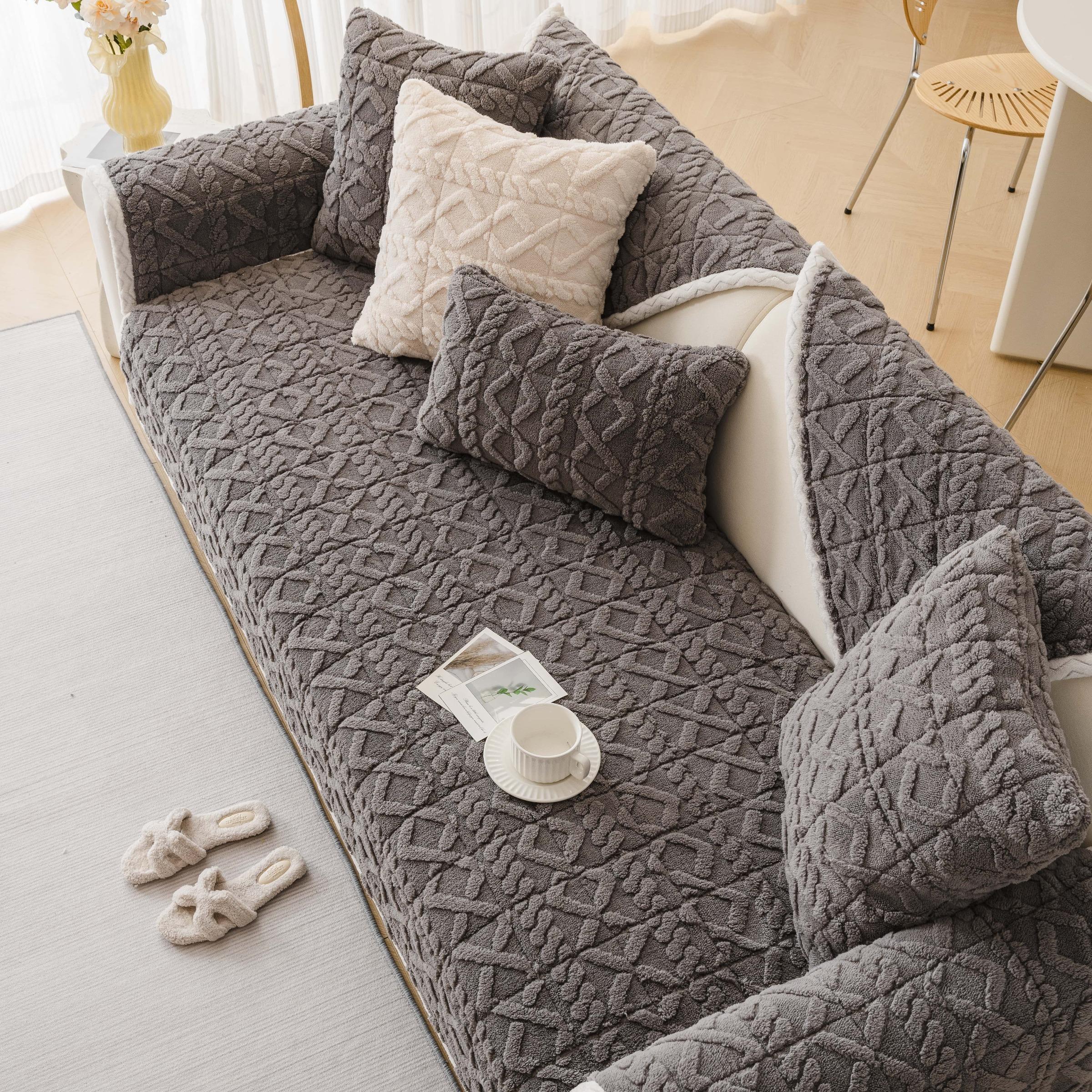 Soft Plush Geometric Quilted Couch Sofa Cover, 1 Count Boho Non Slip Fuzzy Sectional Couch Cover, Solid Color Plush Sofa Cover, Warm & Thick Decorative Sofa Cover for Living Room, Office, Bedroom Decor, Soft Sofa Protector