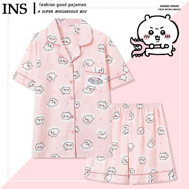 Anime Cartoon Chiikawa Pure Cotton Pajamas Summer Short Sleeved Pajama Sets for Women's Cute Printed Home Clothing Casual Wear