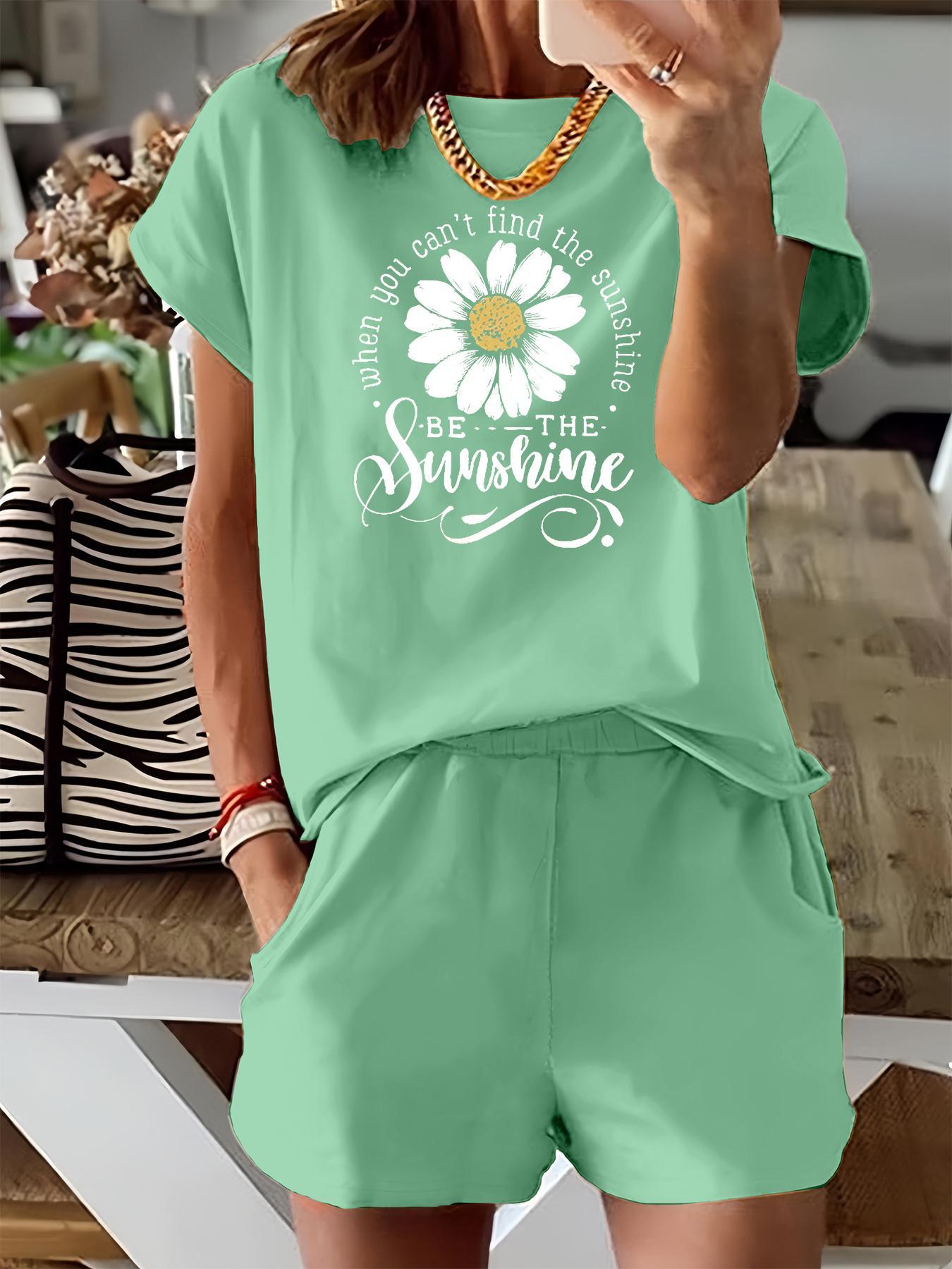 Women's Floral & Letter Print Two-piece Set, Casual Fitted Short Sleeve Tee & Elastic Waist Shorts Set, Ladies Summer Outfits for Daily Wear