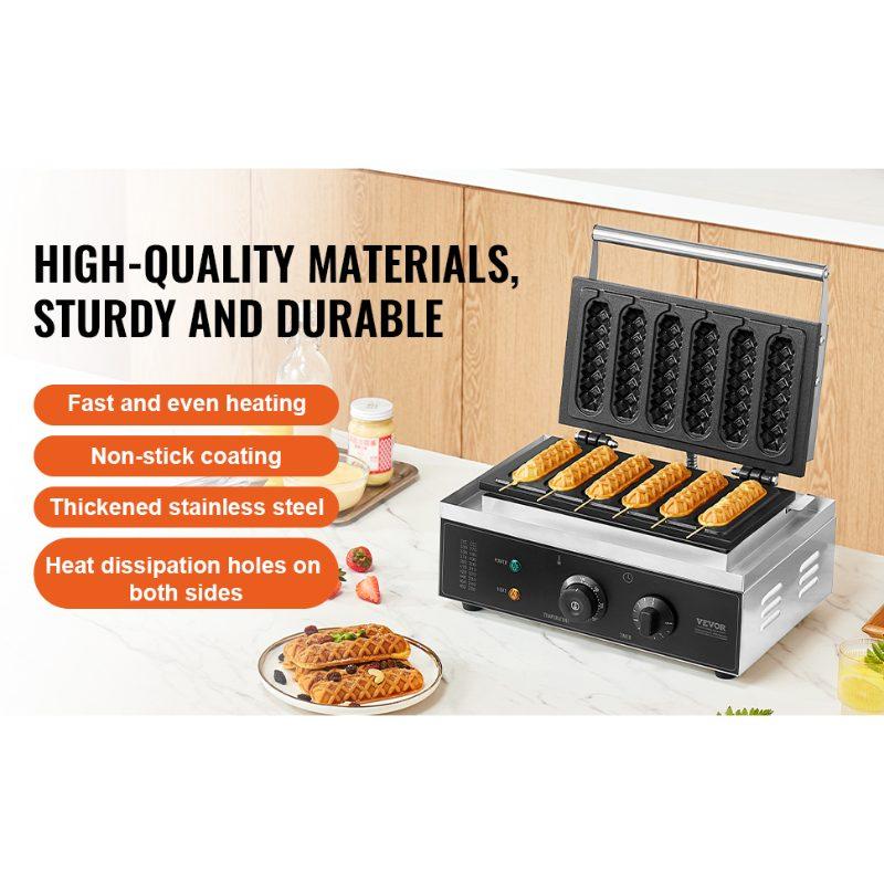 VEVOR Commercial Waffle Stick Maker, 6PCS 1500W Waffle Baker Machine, Non-Stick Stainless Steel Corn Hot Dog Waffle Iron with Temp and Time Control, Handle, for Restaurant Bakery Snack Bar Family