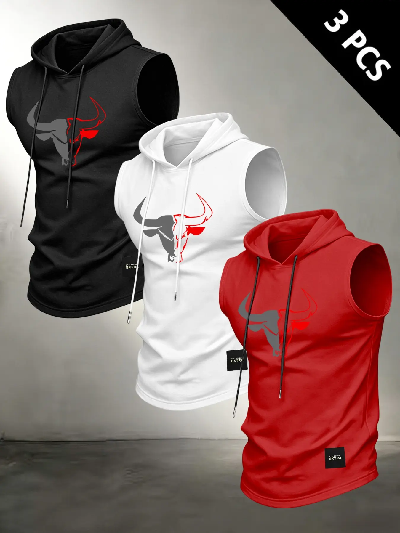 Men Drawstring Hooded Sleeveless Tank Top, Contrast Bull Head Graphic Breathable Loose Athletic Vest, Athletic Outdoor Vests For Gym Weightlifting Workout Training Outdoor Street Daily Casual Sport Top #HoodedGymTank #FitnessVest