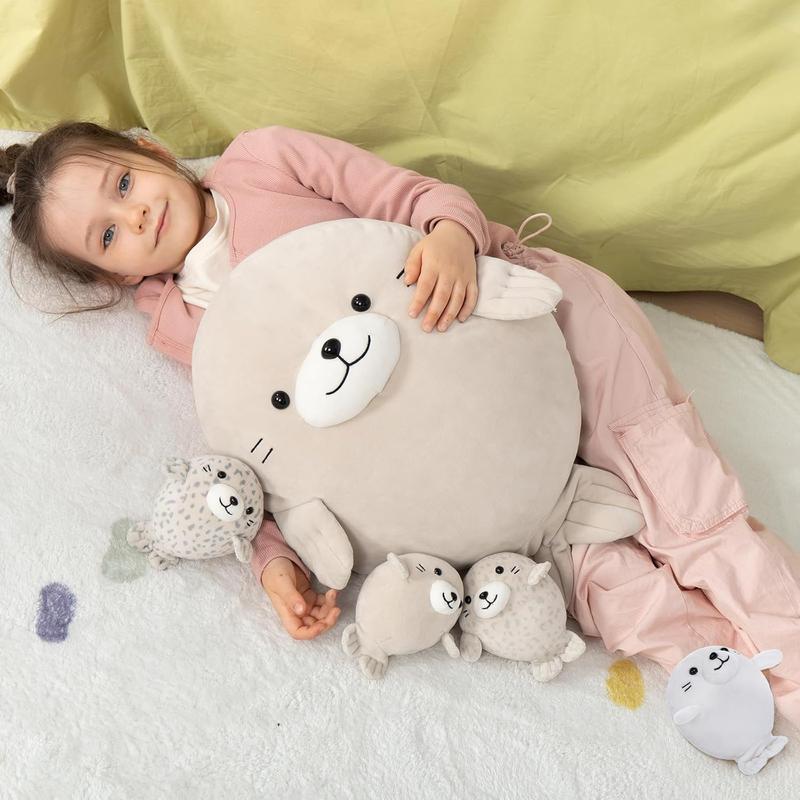 5Pcs Fat Seal Plush with 4 Babies Inside - 20" Giant Ultra Soft Seal Stuffed Animal Throw Pillow - Squishy Mother-Babies Collection Gift for Seal Lover,Kids,Boys, Gray