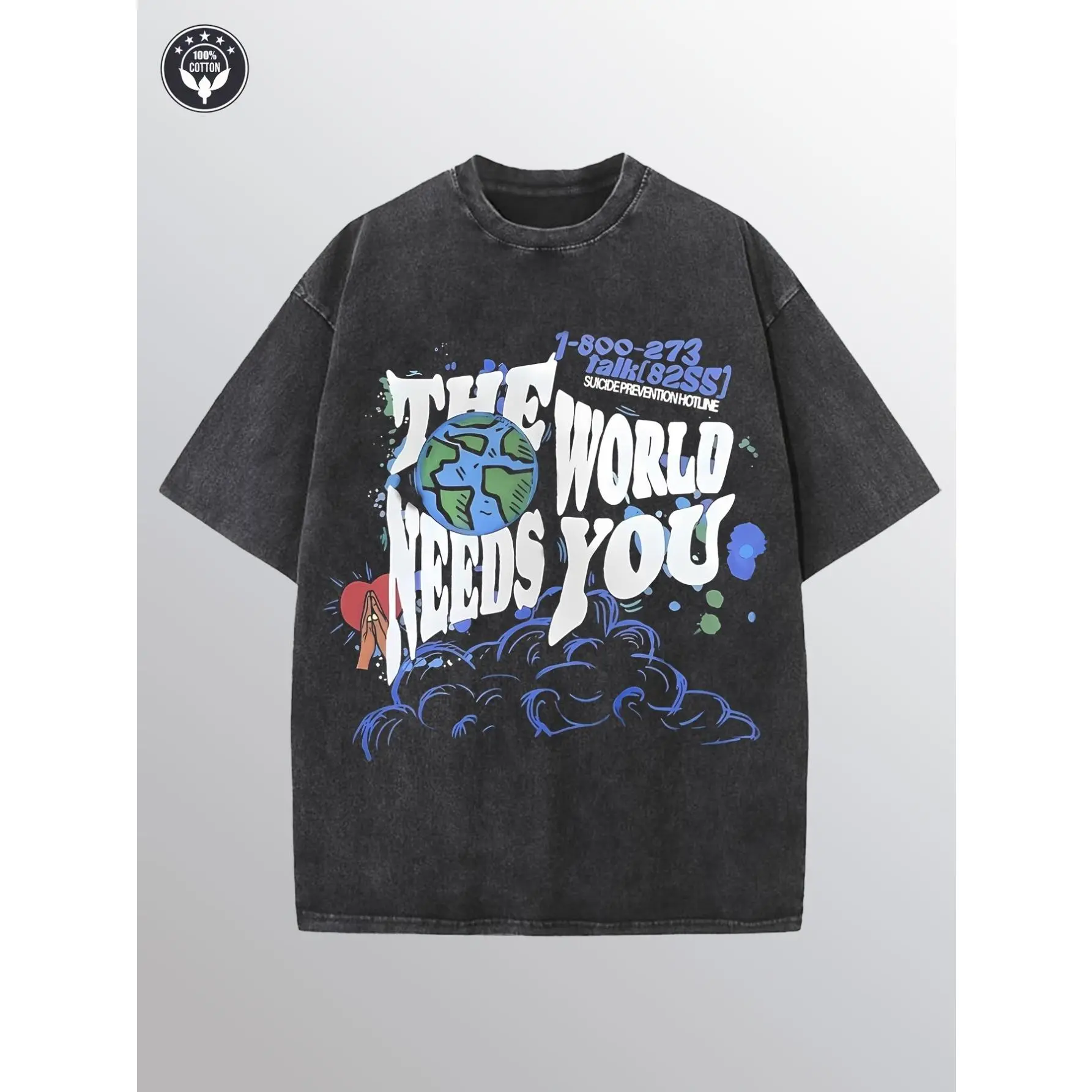 Retro Distressed Washed Oversized T-Shirt Unisex Crew Neck Bubble Graffiti Globe Heart Prayer Hand Positive Mental Health Slogan Graphic Casual Outdoor Kindness Streetwear Loose Fit Simple Tee For Men & Women