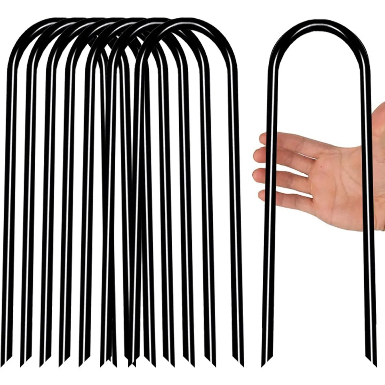 Heavy Duty U-Shaped Trampoline Anchors, 11.8inch Galvanized Steel Ground Safety Stakes with Sharp Ends for High Wind, Ideal for Soccer, Tents and Garden Decorations, Black 8pcs