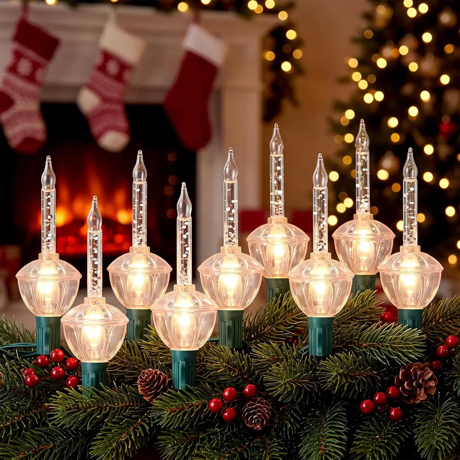 14.5Ft Christmas Bubble String Lights, 9+1 Vintage Silver Bubble Lights
