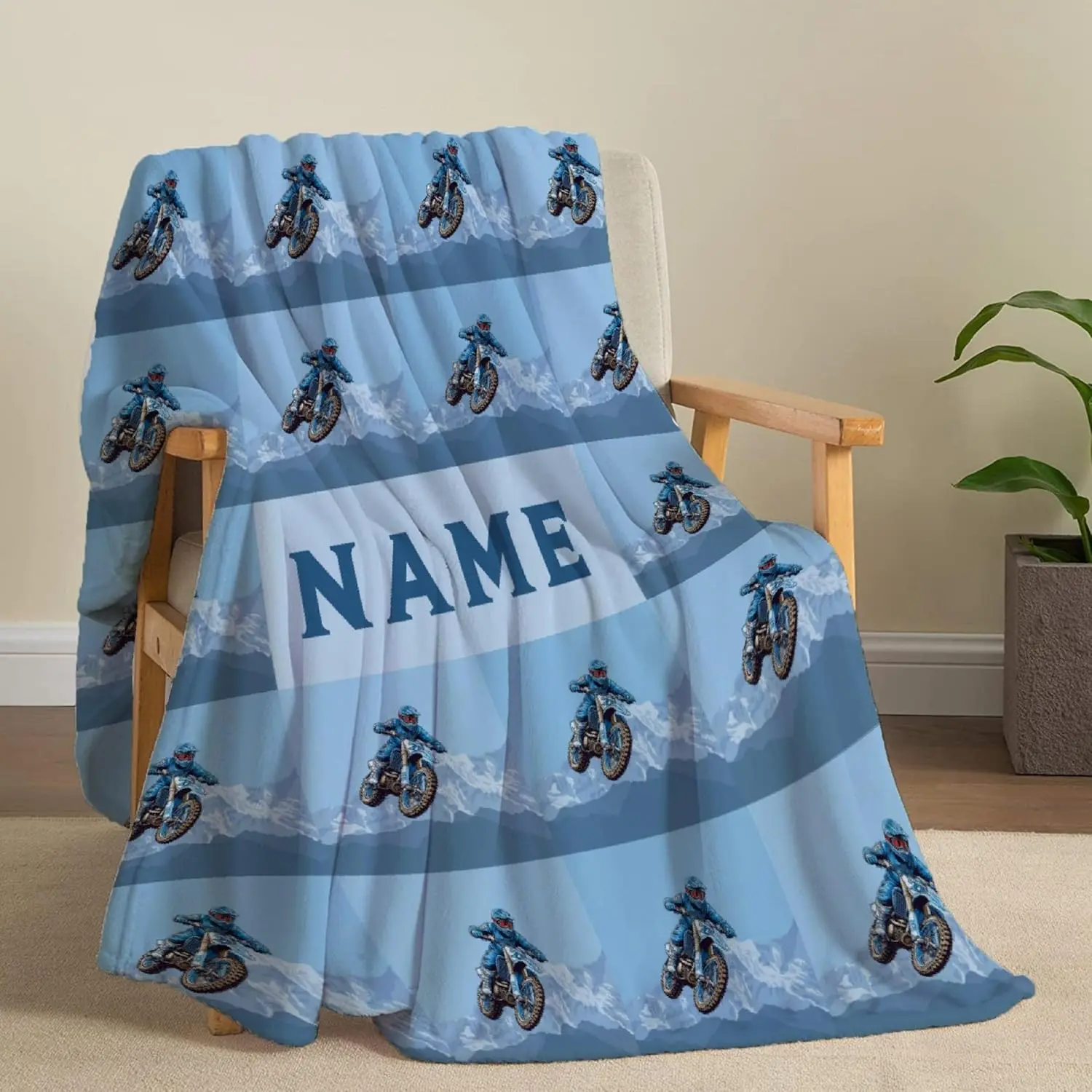 Customizable Name Motocross Print Dirt Bike Flannel Throw Blanket - Boys Home Decor, Smooth Texture, Wrinkle-Resistant, Fade-Resistant, Durable, Breathable, Soft Cozy Warm, Multi-Size 40x50/50x60/60x80in, Couch/Bed Use, Birthday Gift, Room Decor