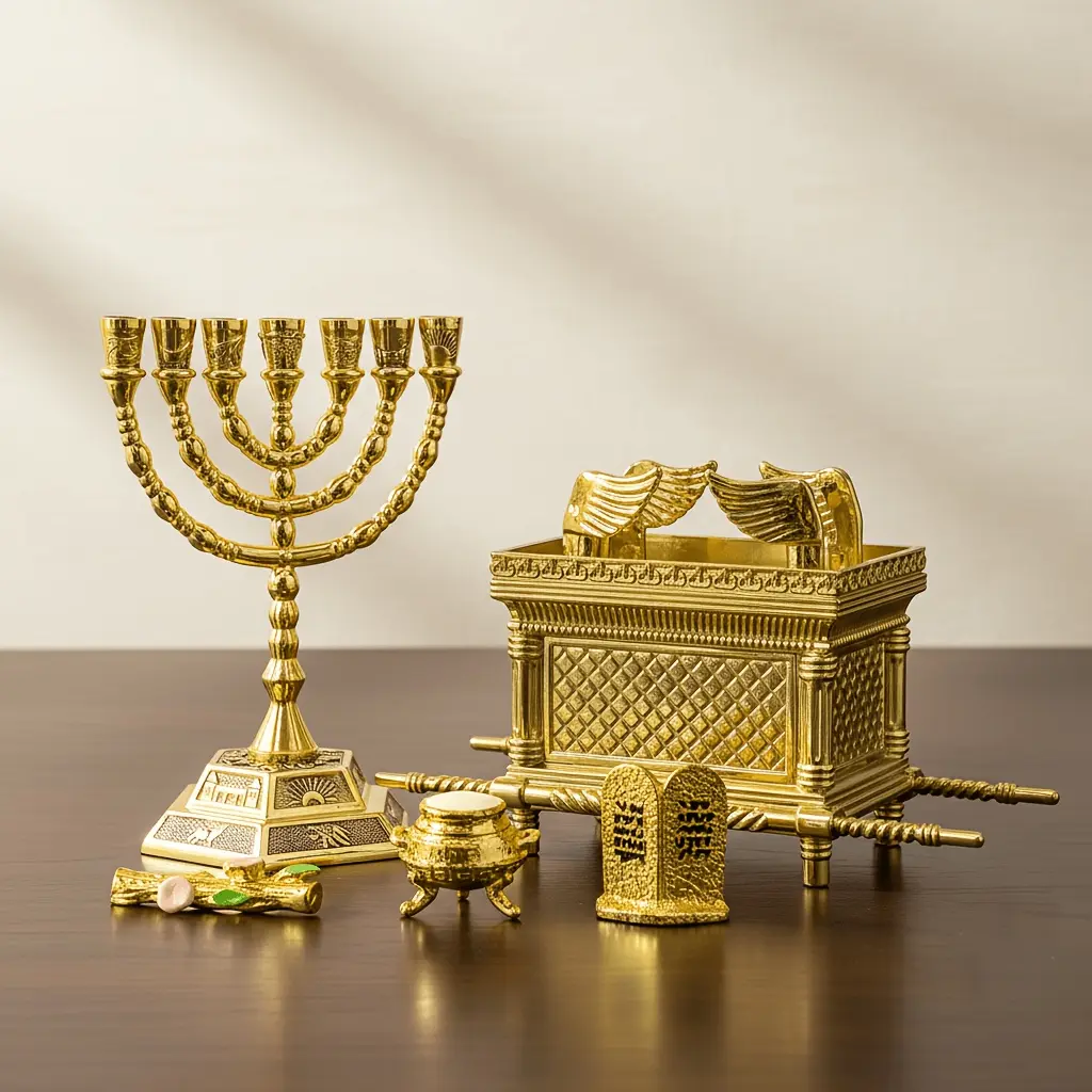 Gold Plated Jewish Temple Replica Set with Ark of the Covenant, Menorah, Ten Commandments, Incense Burner & Aaron's Rod, Holy Land Religious Artifact for Home Synagogue Decor Hebrew Spiritual Gifts