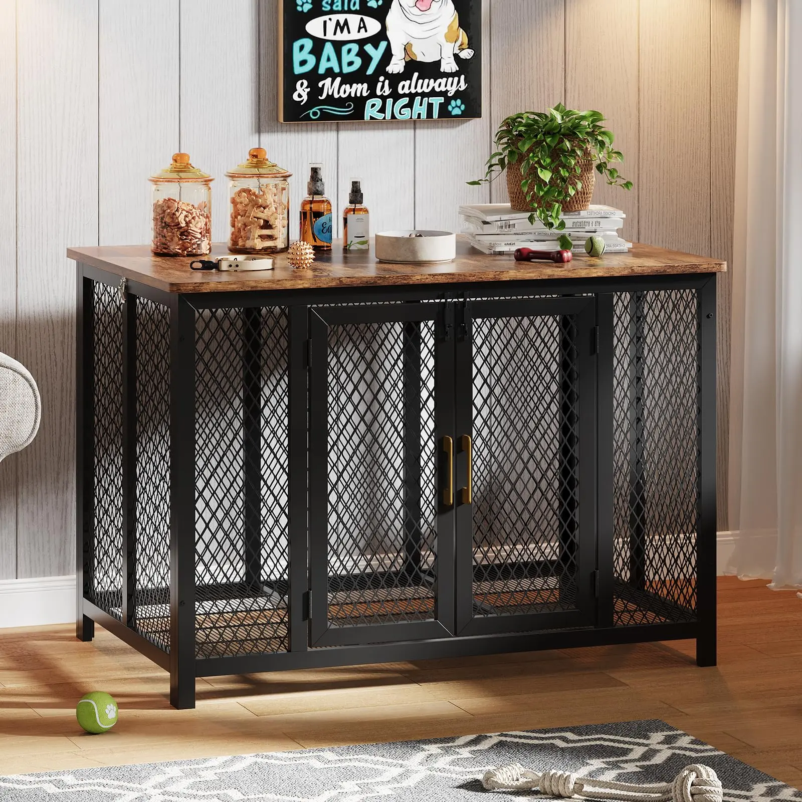 48" Large Dog Crate Furniture with Top Access Door, Heavy Duty Wooden Indoor Pet Cage, Indestructible Dog Crate for Medium to Large Dogs