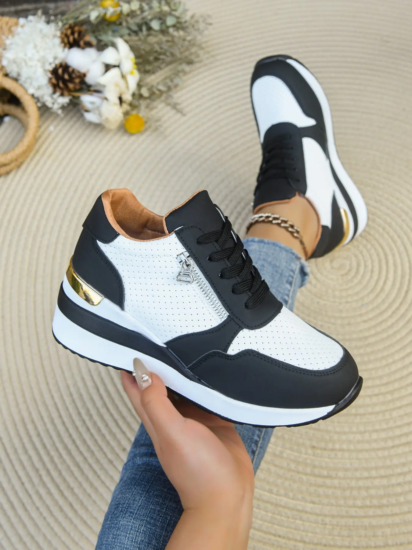 Women's Colorblock Side Zipper Decorative Mesh Breathable Lace-Up Sports Shoes, Commuter Versatile Soft Sole Comfortable Casual Shoes, Color Block Sneakers