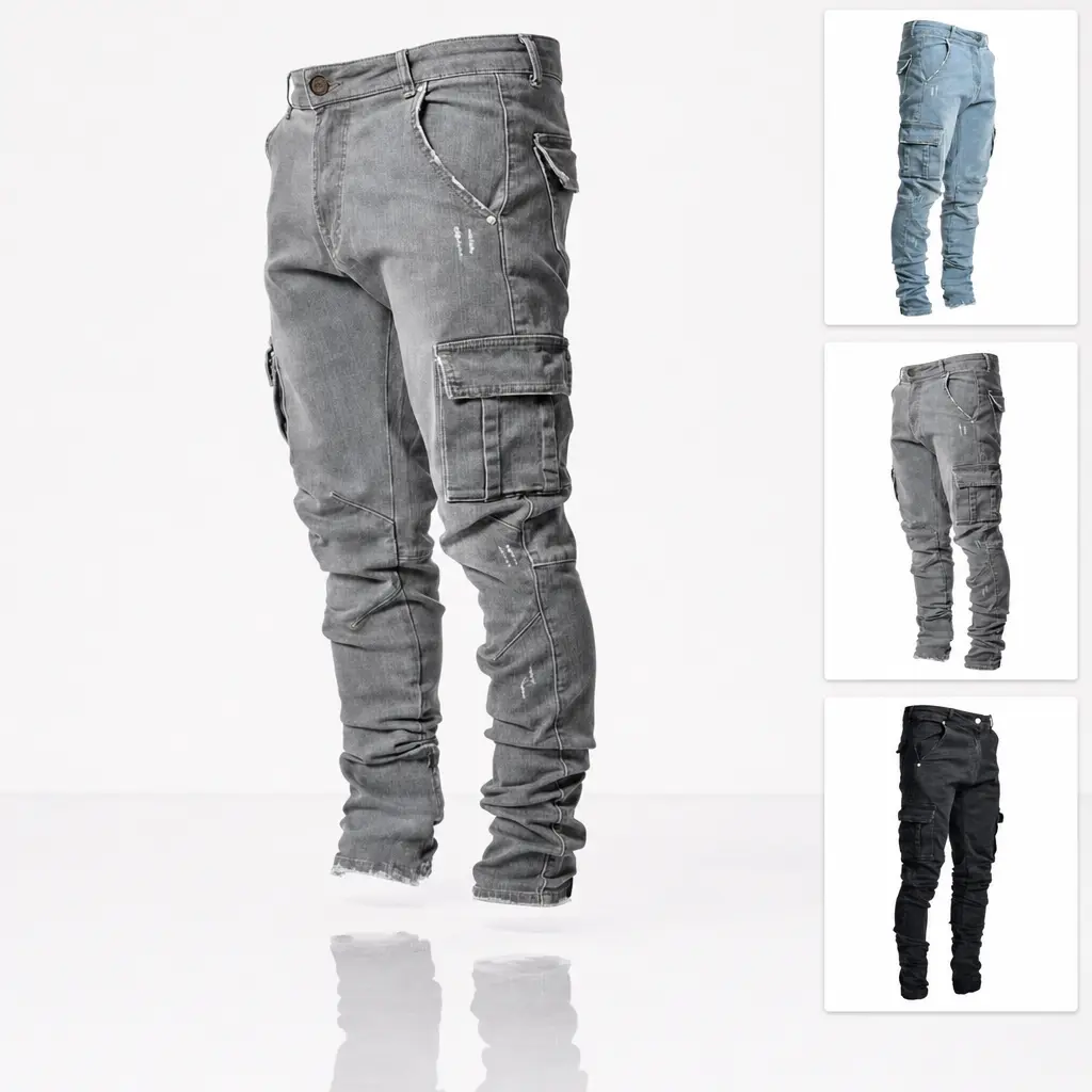 Mens Stacked Cargo Jeans Slim Fit Stretch Denim Pants Ankle Length Utility Pocket Distressed Raw Hem Streetwear Trousers Stacked Leg Opening Trendy Urban Fashion Casual Comfortable Soft Daily Wear Modern Stacked Silhouette