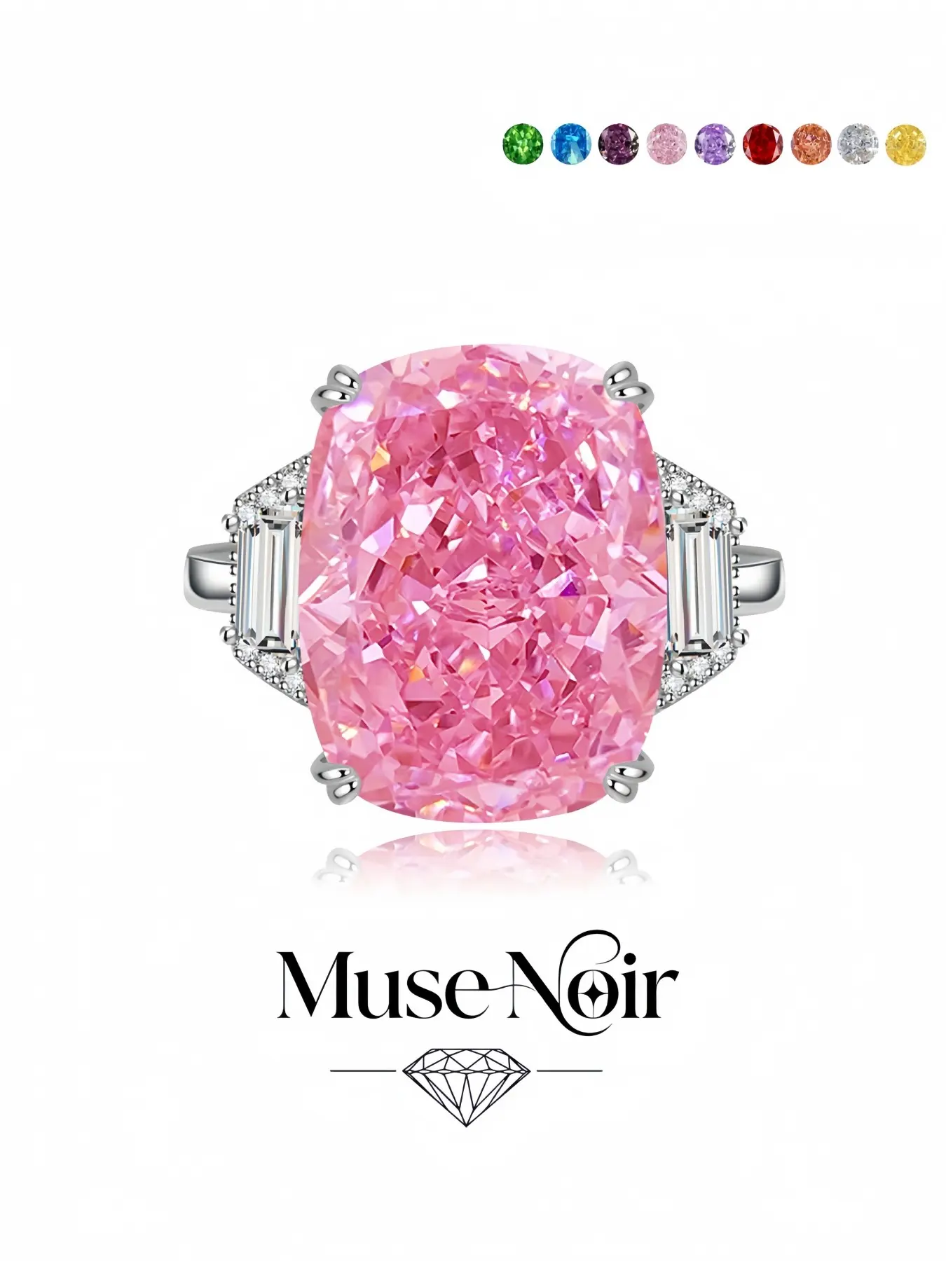 "Pink Radiant Cushion · Beloved Ring" Exquisitely crafted large cushion-cut gem ring with dazzling ice flower cut and adjustable band. Lovely dating gift, must-have jewelry for daily wear, vacations and banquets.