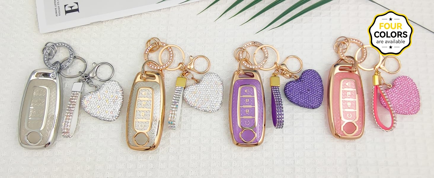 4 Button Key Fob Cover with Diamond, Compatible with Nissan Rogue Pathfinder Versa Kicks Ariya Sentra etc, Sparkling TPU Key Case and Bling Heart Decoration for Women, A-Style (Pink) 4 Button Key Fob Cover with Diamond, Compatible with Nissan Rogue Pathfinder Versa Kicks Ariya Sentra etc, Sparkling TPU Key Case and Bling Heart Decoration for Women, A-Style (Pink)