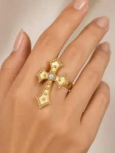 Zircon Cross Open Ring, European and American Vintage Court Style, Elegant Finger Ring, Perfect for Special Occasions