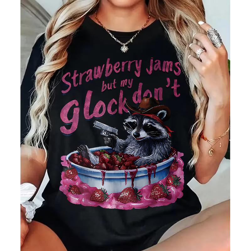 Funny Meme Raccoon Cowboy Graphic Tee| Y2K Strawberry Jam Shirt  Casual and Versatile
