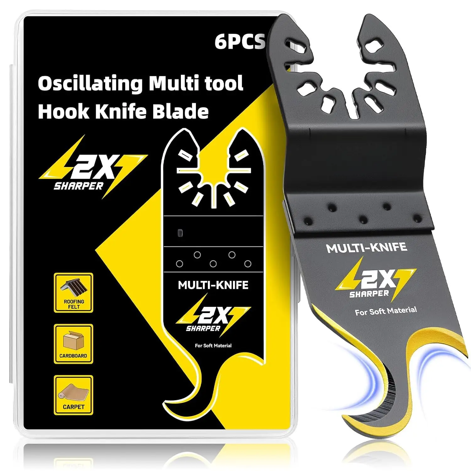 6-Count Alloy Steel Heat-Treated Oscillating Multi-Tool Hook with PP Box, for Smooth Cuts on Soft Materials Including Roofing Shingles & Carpet, Universal Interface Hand Saw Accessory